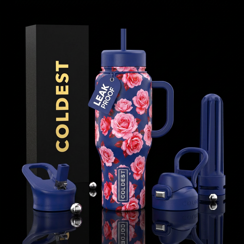 Pink roses kissed with red against dark blue cobal... water bottle design