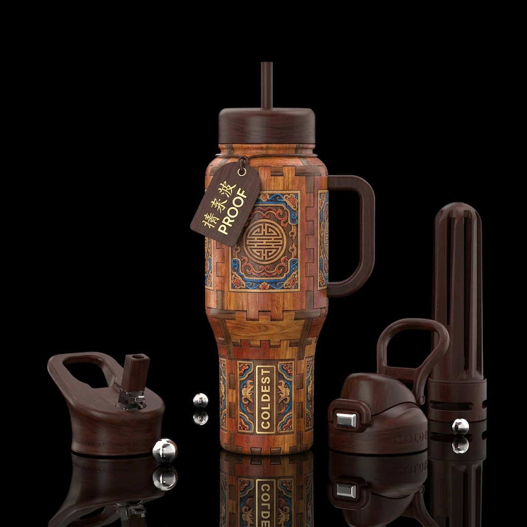 Tumbler is a wooden chinese puzzle box water bottle design