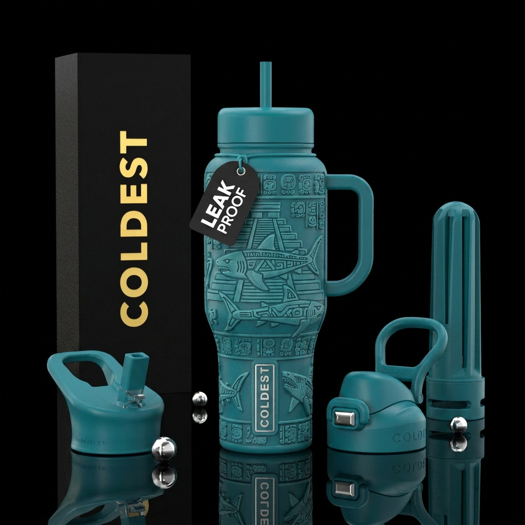 Tumbler is Mayan with carved Mayan pattern sharks water bottle design