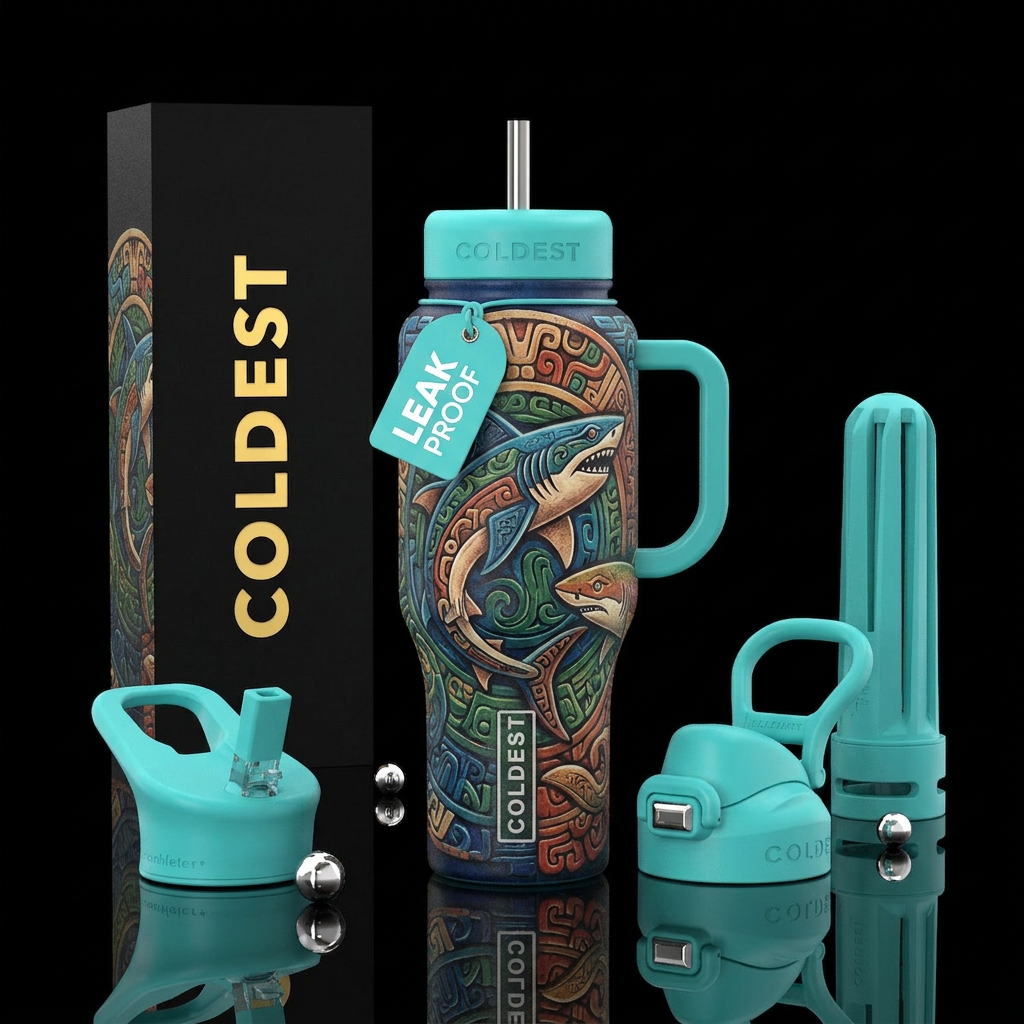 Tumbler is Mayan with carved Mayan pattern sharks water bottle design