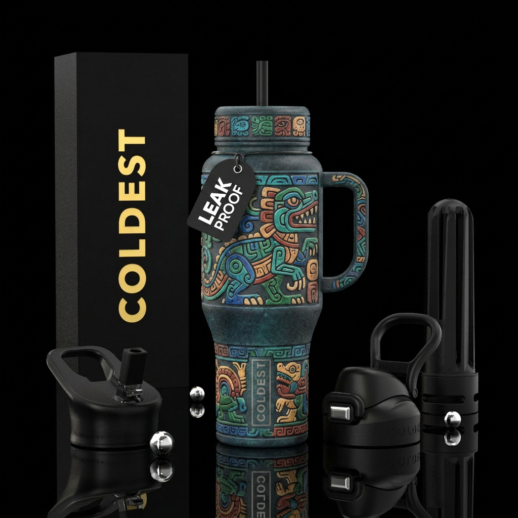 Tumbler is Mayan with carved Mayan pattern dinosau... water bottle design