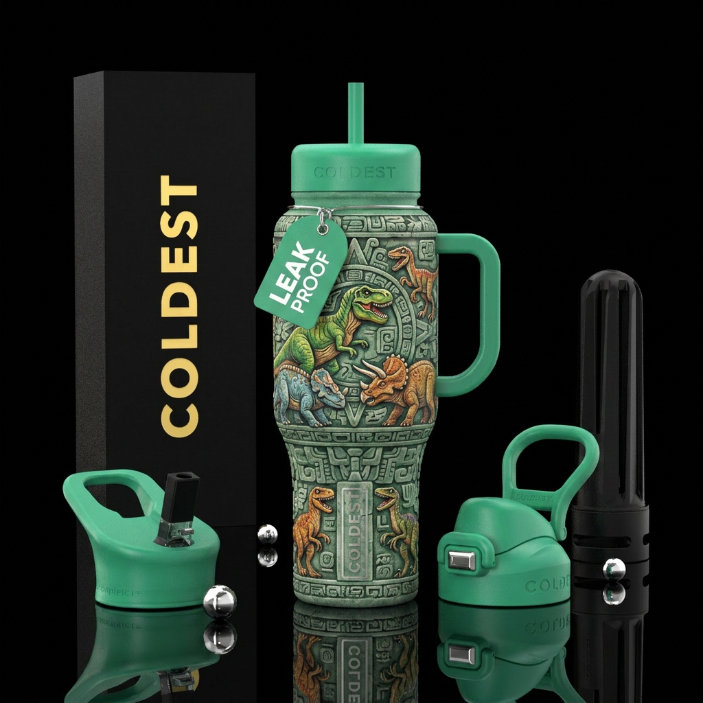 Tumbler is Mayan with carved Mayan pattern dinosau... water bottle design