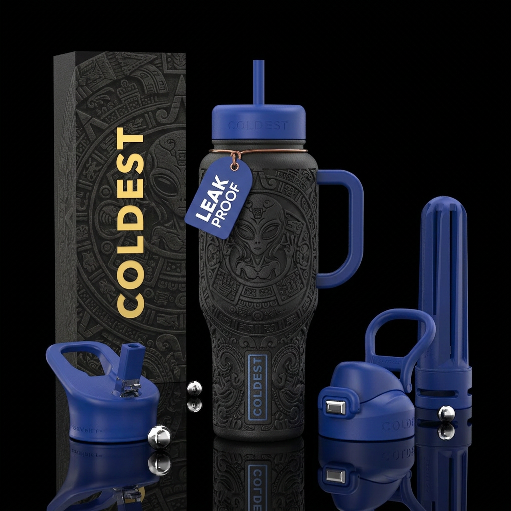 Tumbler is Mayan with carved Mayan pattern aliens water bottle design