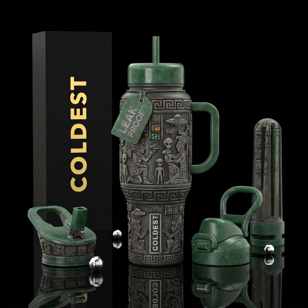 Tumbler is Mayan with carved Mayan pattern aliens water bottle design