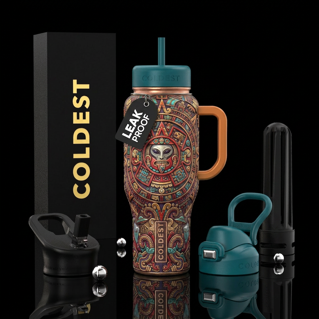 Tumbler is Aztec with carved Aztec pattern aliens water bottle design