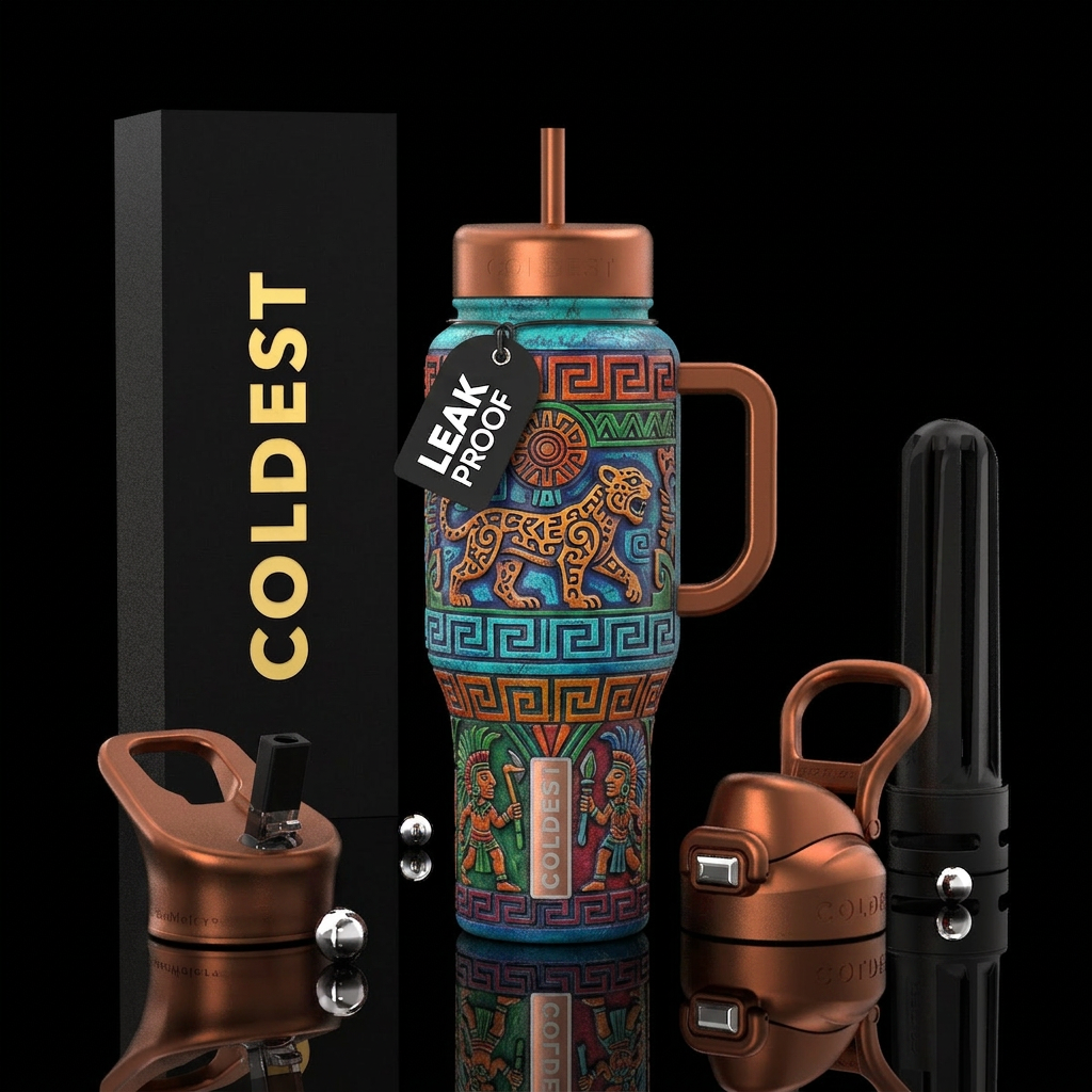 Tumbler is Aztec with carved Aztec pattern jaguars water bottle design