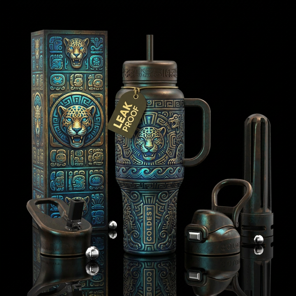 Tumbler is Atlantean with carved Atlanean pattern ... water bottle design