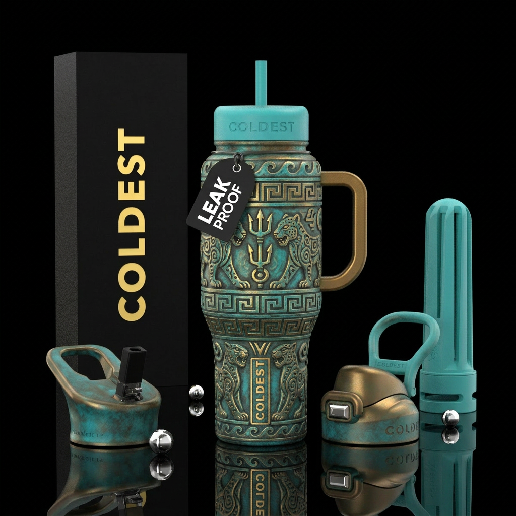 Tumbler is Atlantean with carved Atlanean pattern ... water bottle design