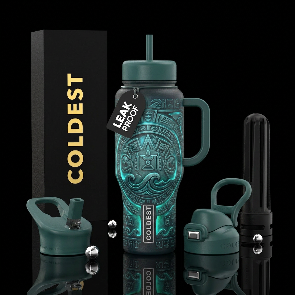 Tumbler is Atlantean with carved Atlanean pattern ... water bottle design