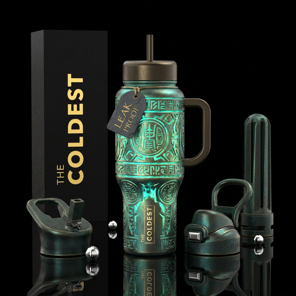 Tumbler is Atlantean with carved Atlanean pattern ... water bottle design