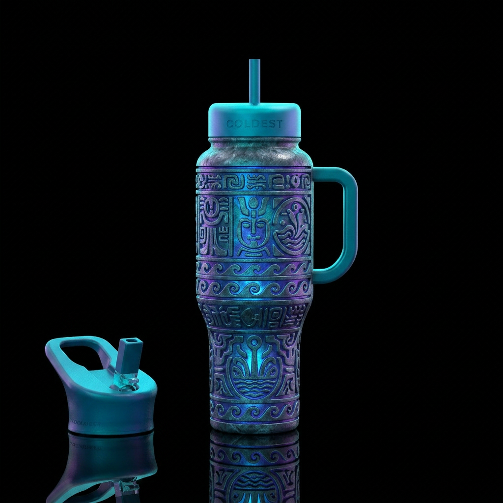 Tumbler is Atlantean with carved Atlanean pattern ... water bottle design