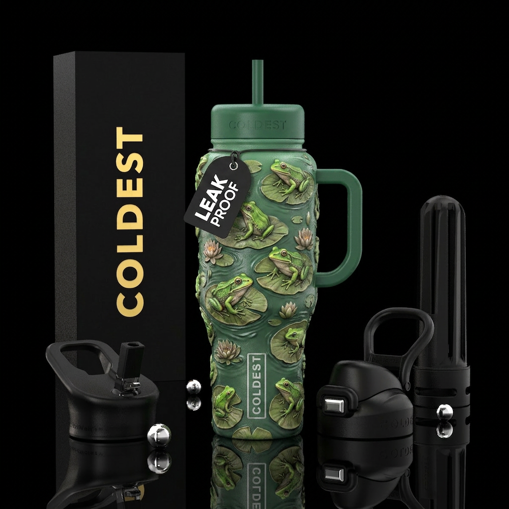 3d frogs on lillypads water bottle design