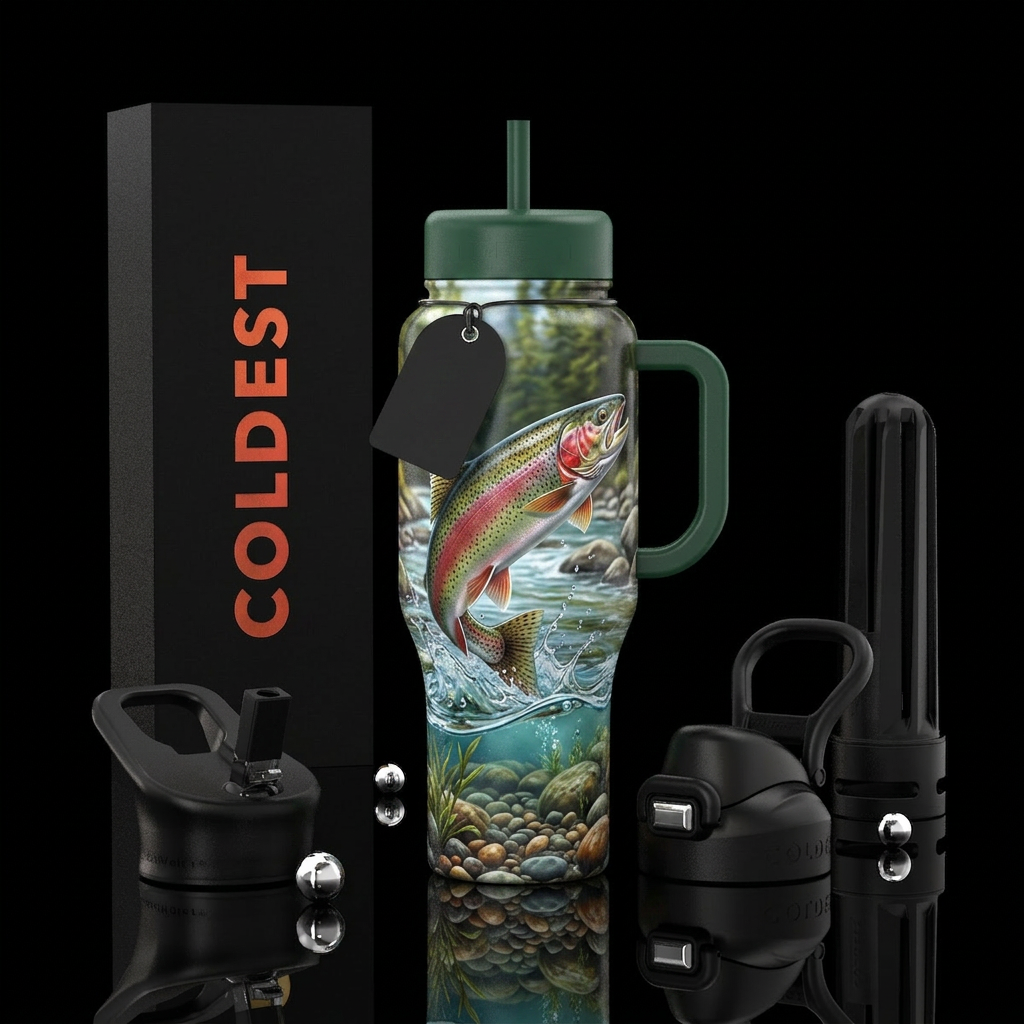 3d trout jumping in river water bottle design