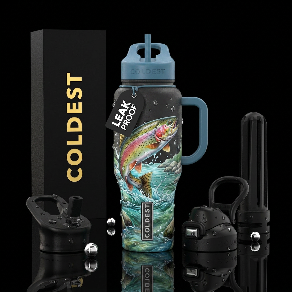 3d trout jumping in river water bottle design