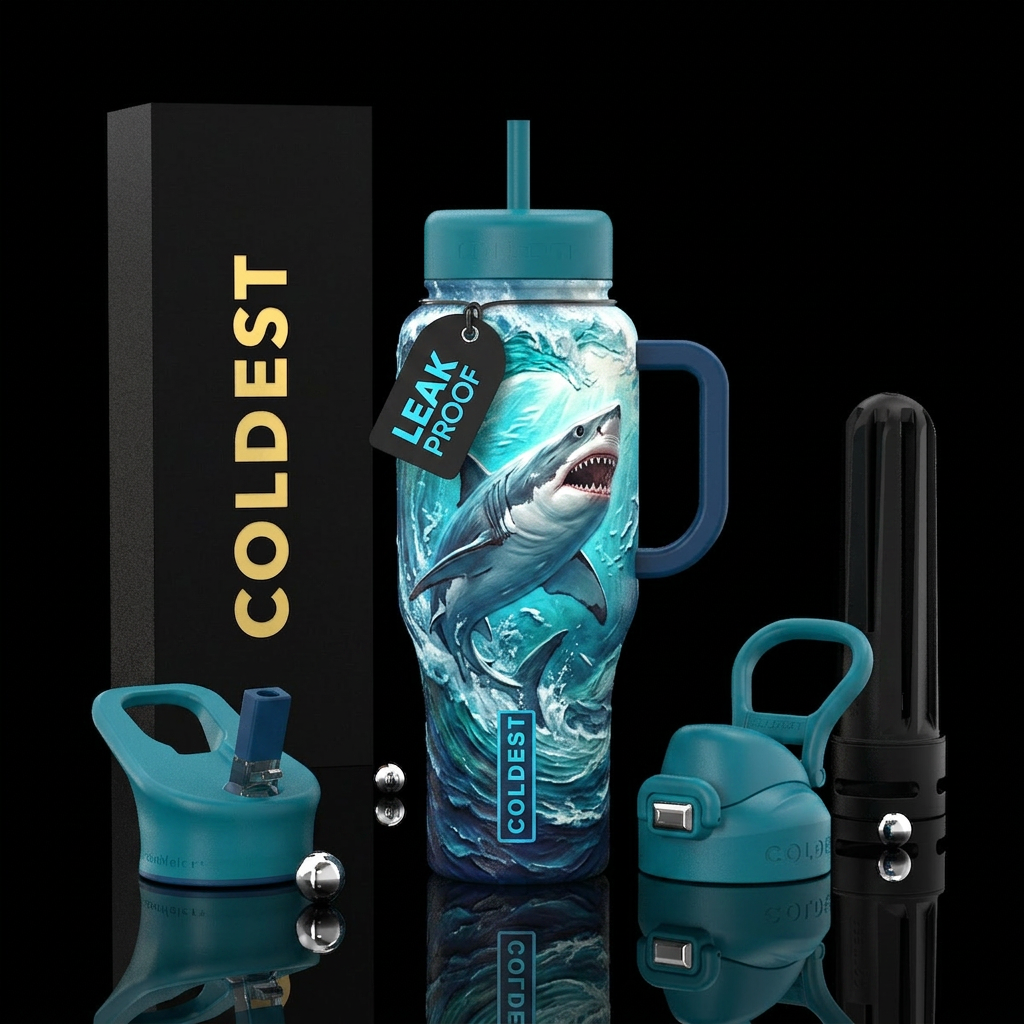 3d great white jumping in ocean water bottle design