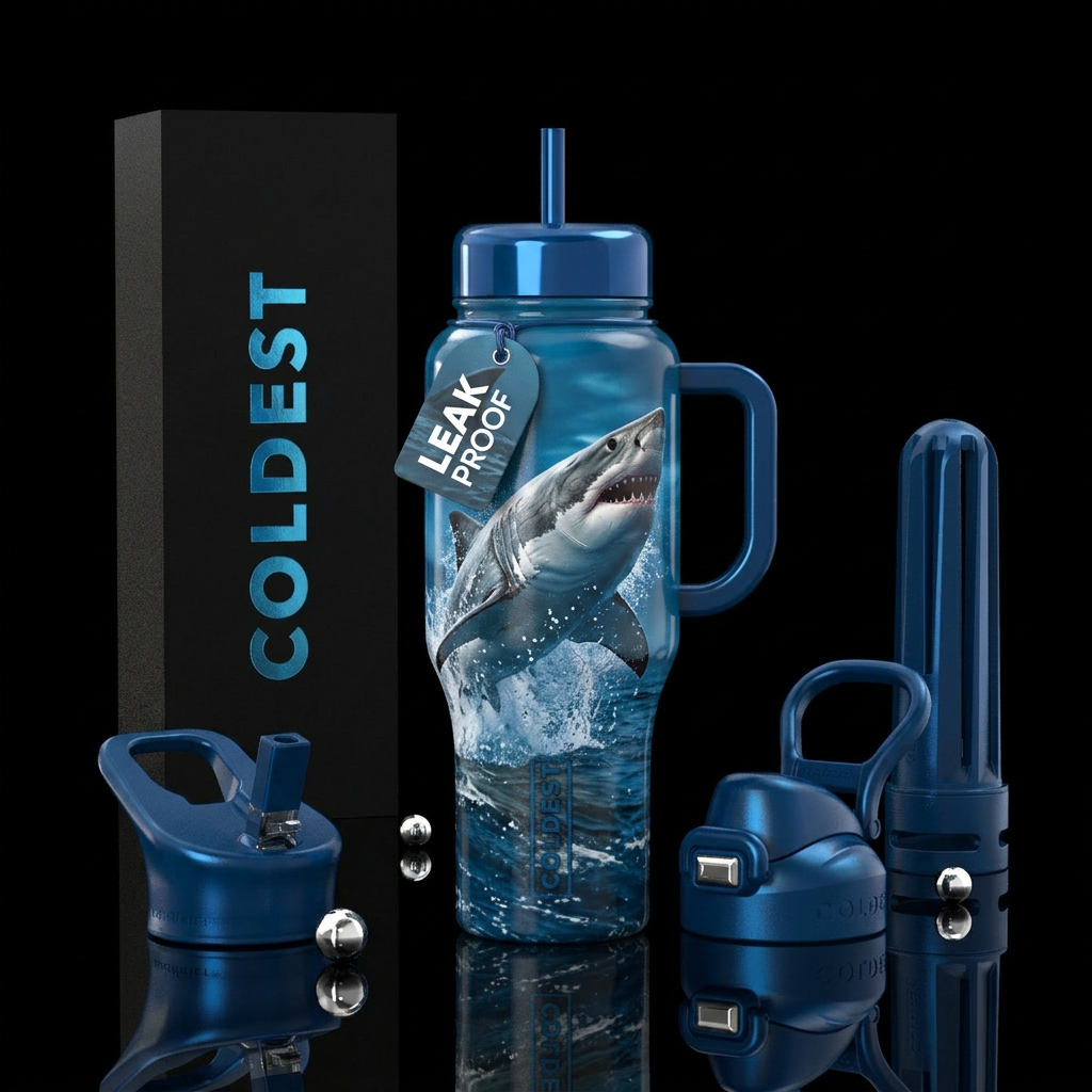 3d great white jumping in ocean water bottle design