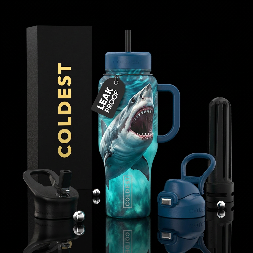 Great white attacking from below water bottle design