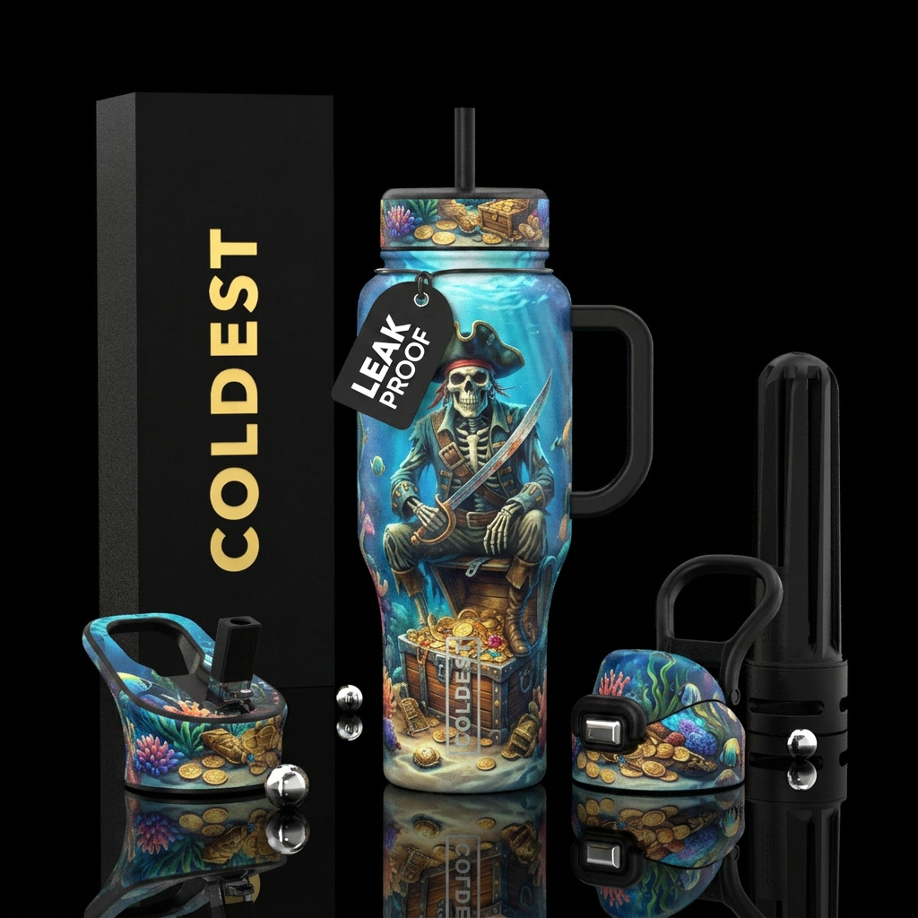Pirate skeleton guarding his treasure at the botto... water bottle design