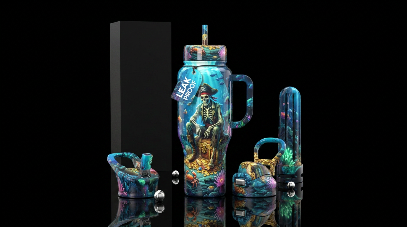 Pirate skeleton guarding his treasure at the botto... water bottle design