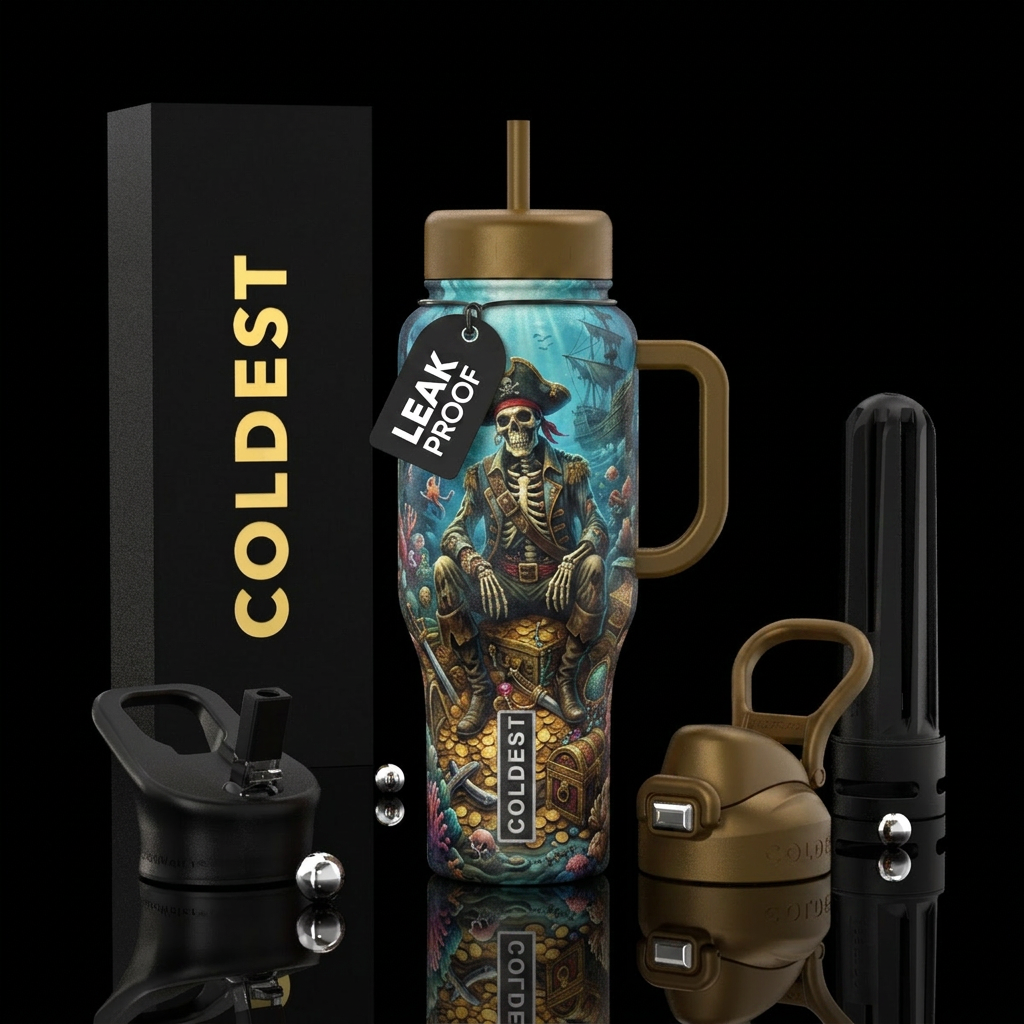 Pirate skeleton guarding his treasure at the botto... water bottle design