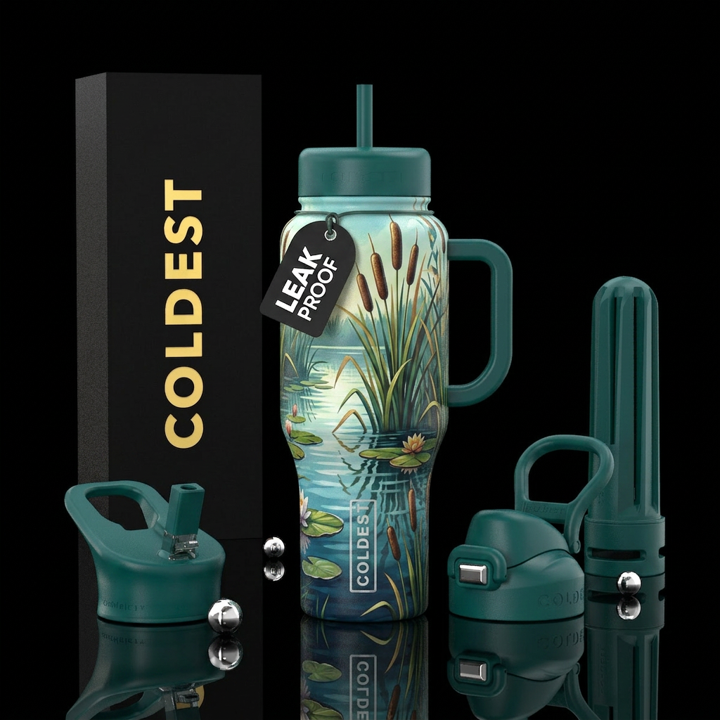 Cat tails in a pond water bottle design