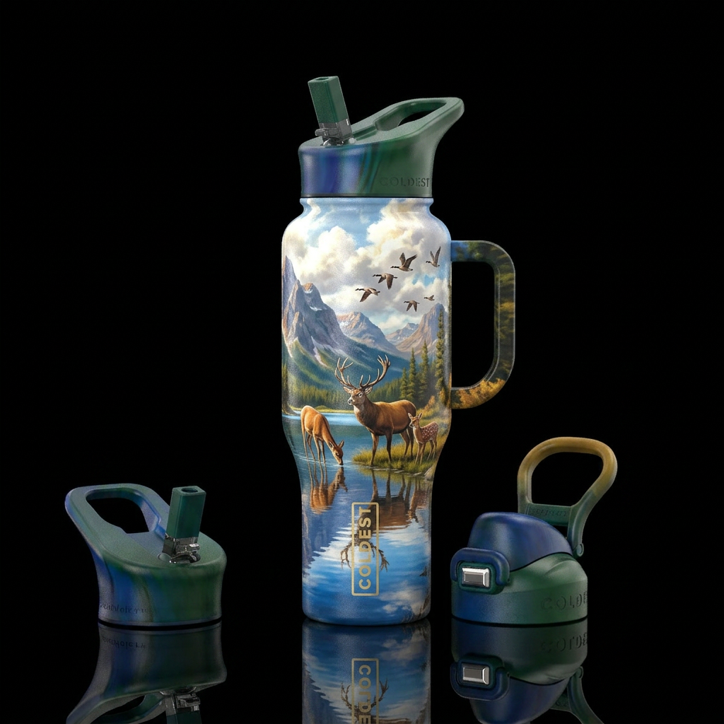 Deer family drinking at the waters edge as geese f... water bottle design