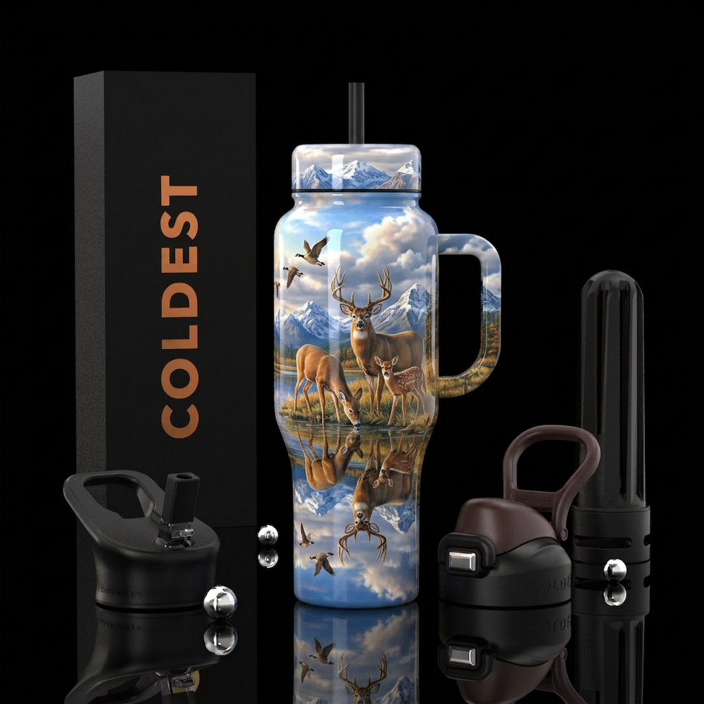 Deer family drinking at the waters edge as geese f... water bottle design