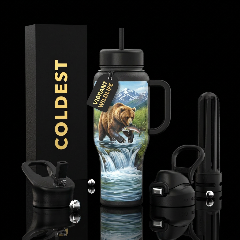 Grizzly bear catching salmon trying to jump over a... water bottle design