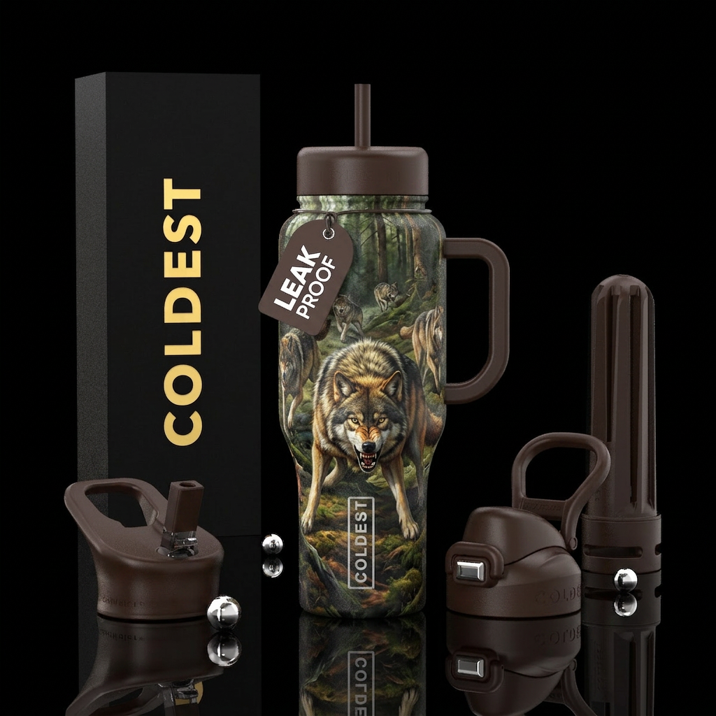 Wolves pack hunting unseen prey. Alpha is crouched... water bottle design