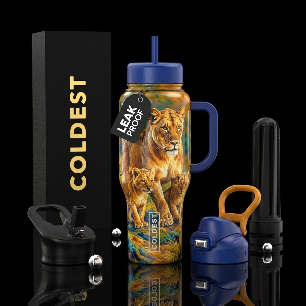 Lioness training her young to hunt water bottle design