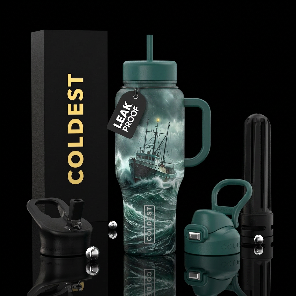A fishing boat caught in a winter storm steering i... water bottle design
