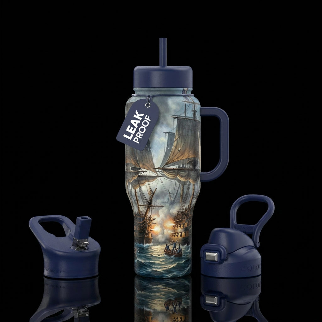 Battle to the death. 2 tall ships along side each ... water bottle design