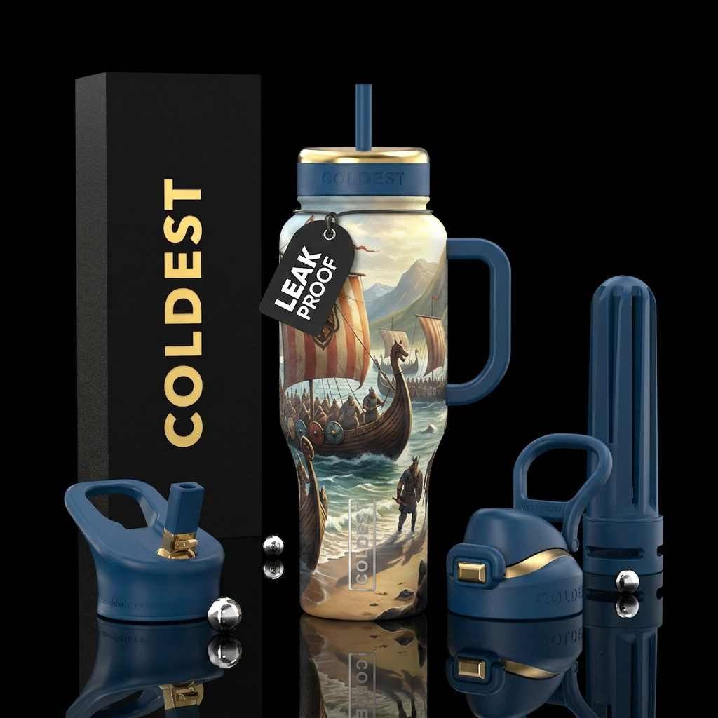 Viking raiders coming ashore in a new land water bottle design