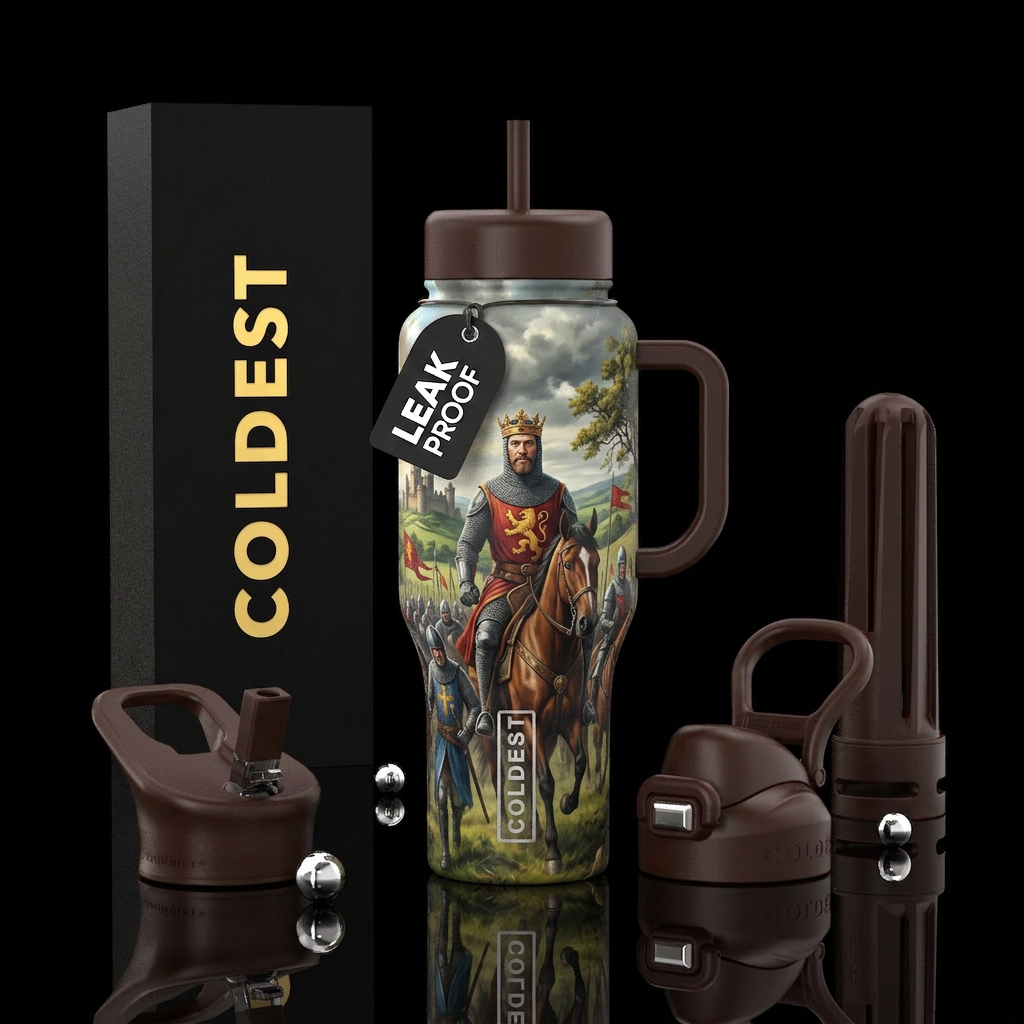 British king leading his army into battle in midea... water bottle design