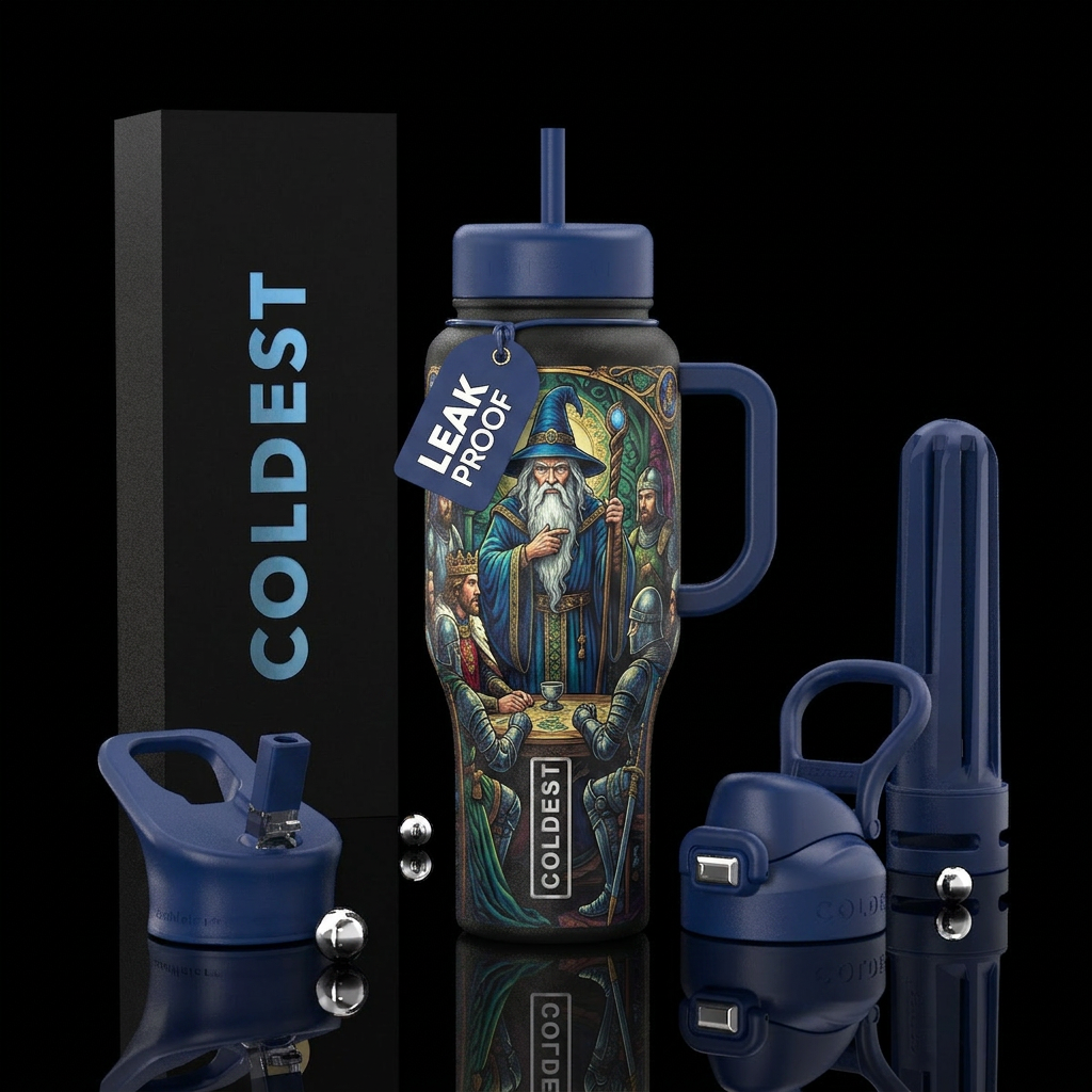 Merlin the wizard consulting King Arthur and rhe K... water bottle design