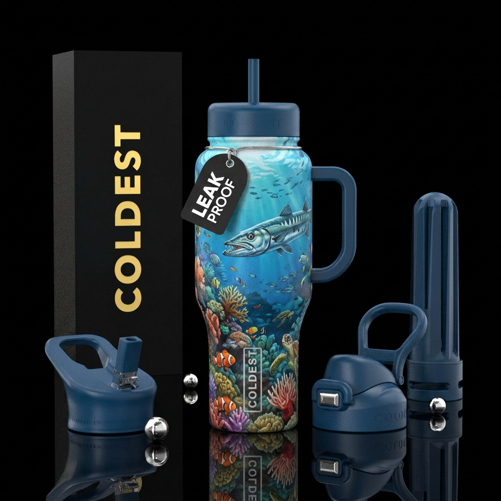 Barracuda on the hunt, coral reef teaming with lif... water bottle design