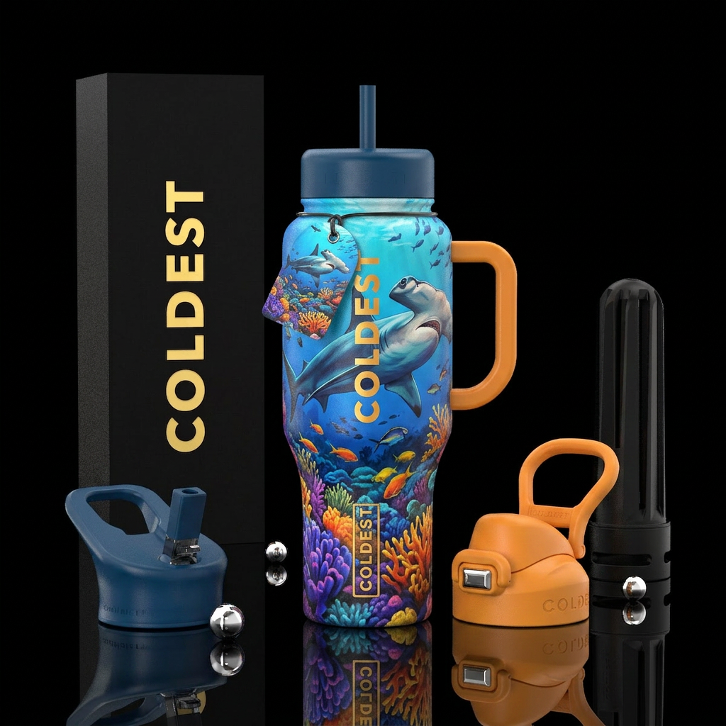 Hammerhead hunting prey on a coral reef water bottle design