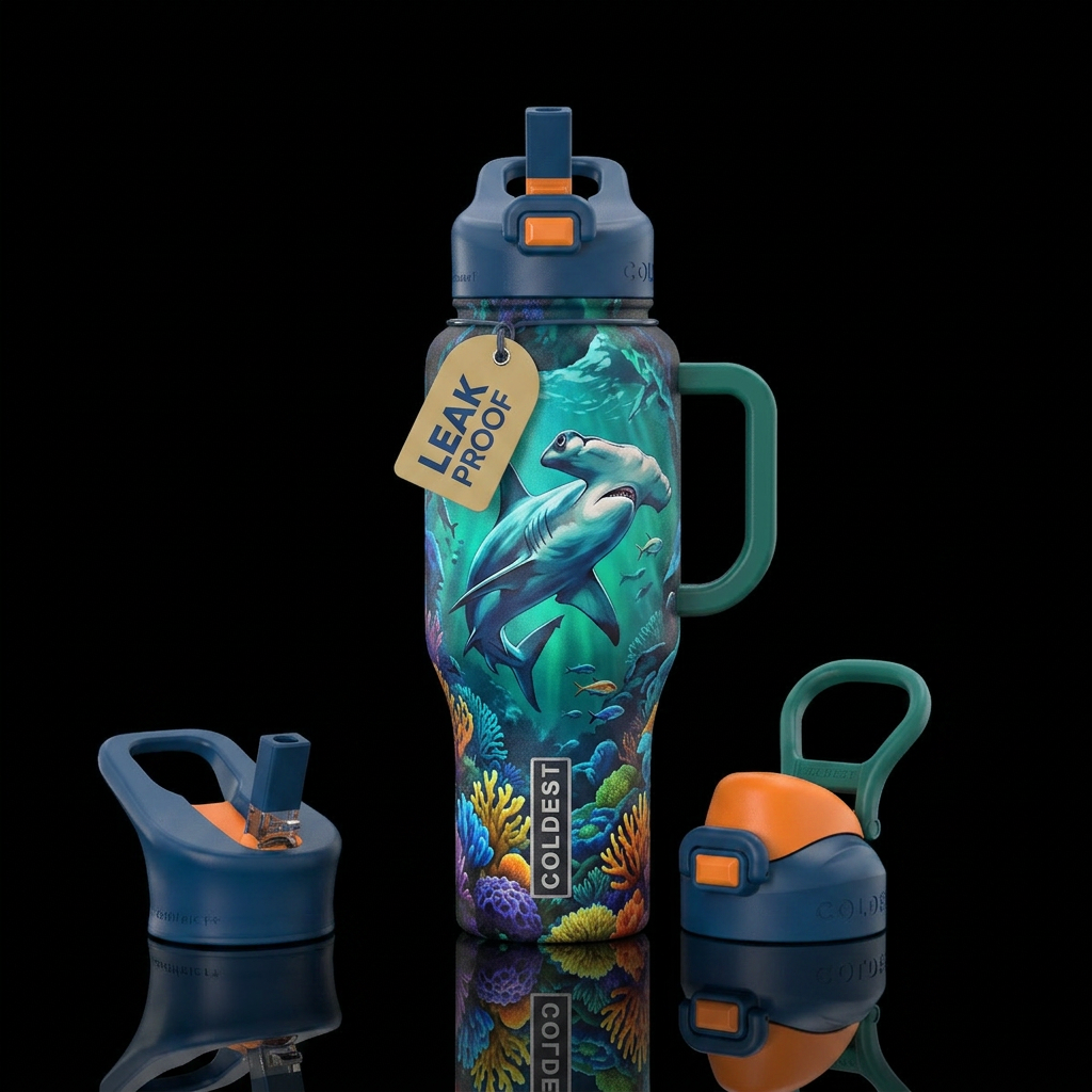 Hammerhead hunting prey on a coral reef water bottle design