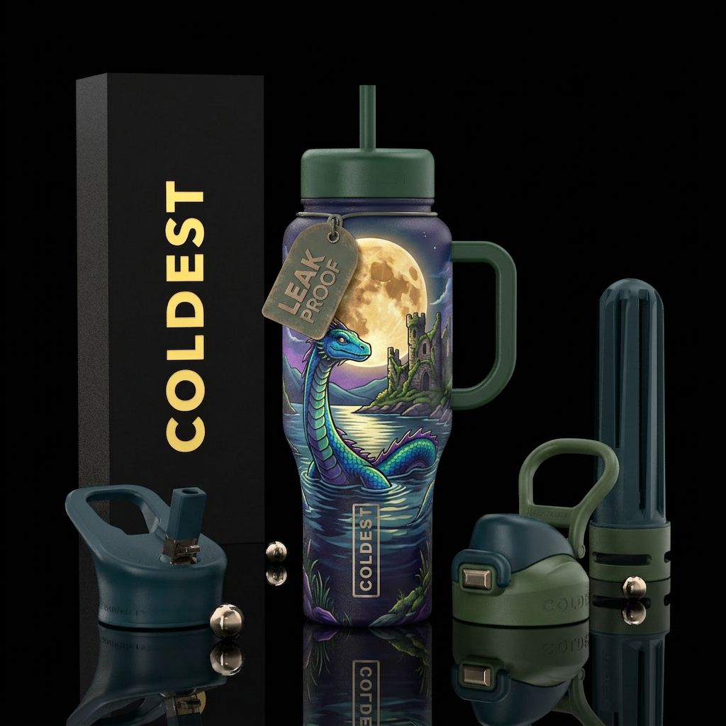 Loch Ness monster u der the moonlight with castle ... water bottle design