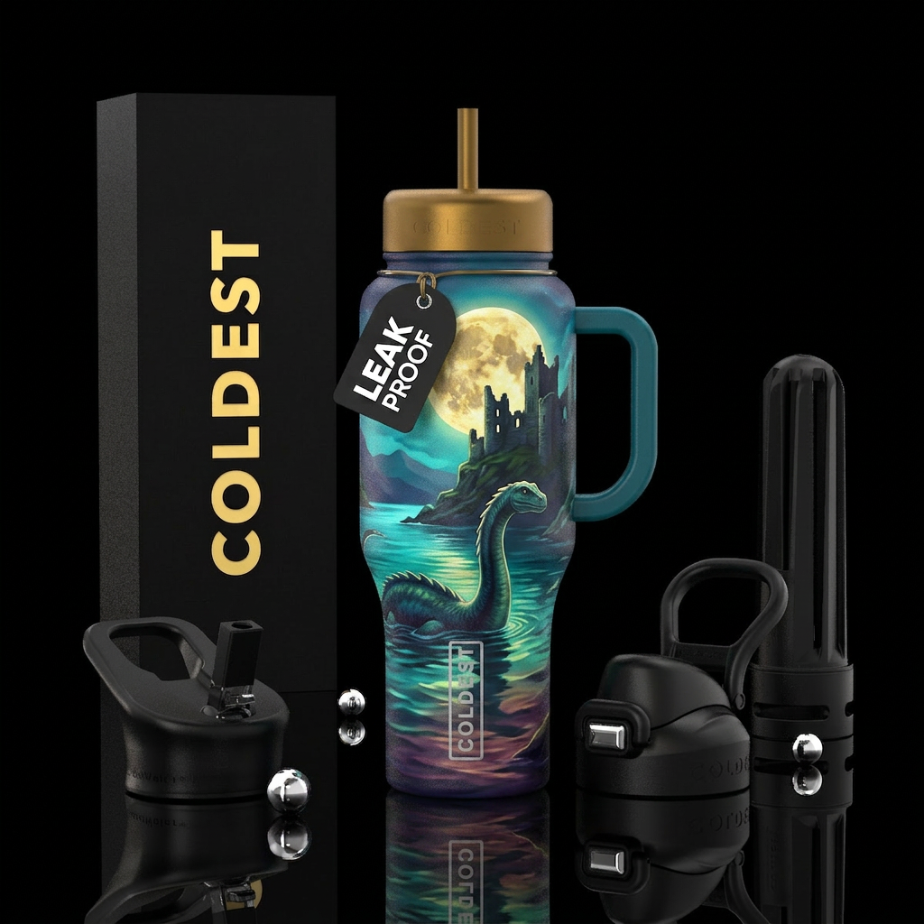 Loch Ness monster u der the moonlight with castle ... water bottle design