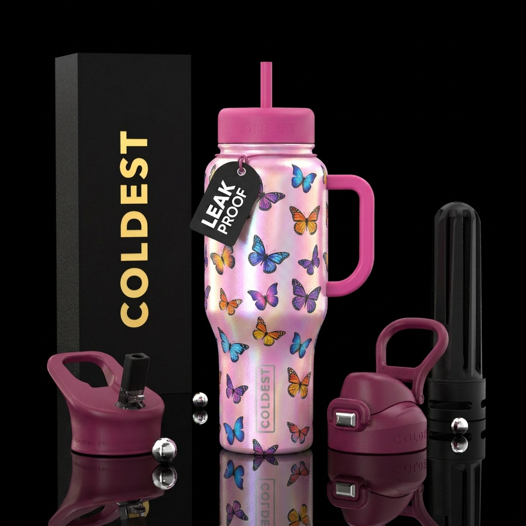Butterflies on iridescent pink water bottle design
