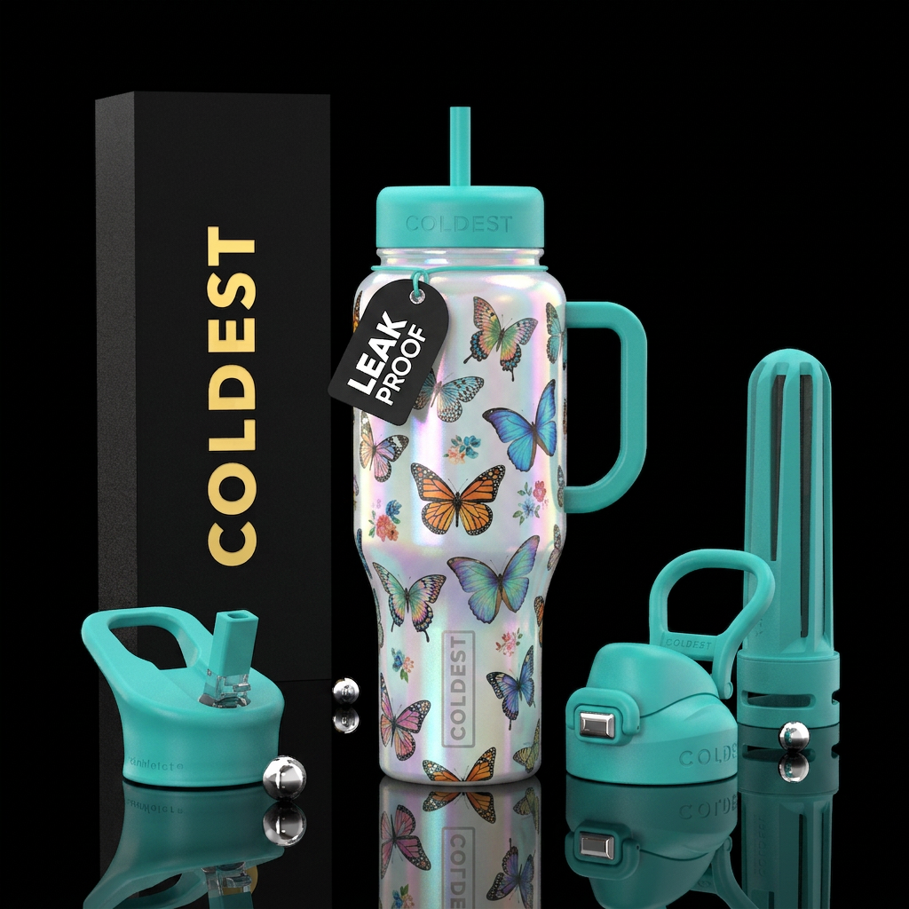 Butterflies on iridescent milk glass water bottle design