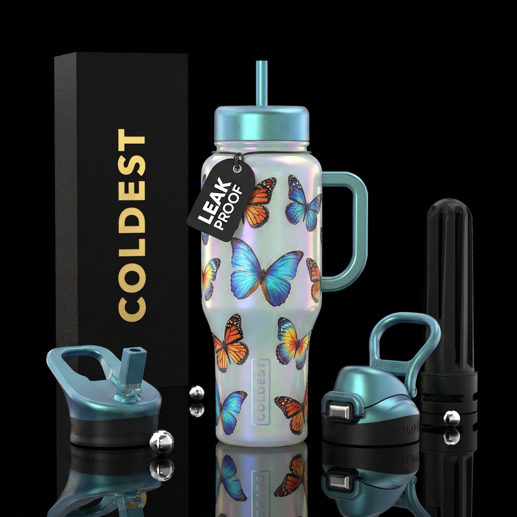 Butterflies on iridescent milk glass water bottle design