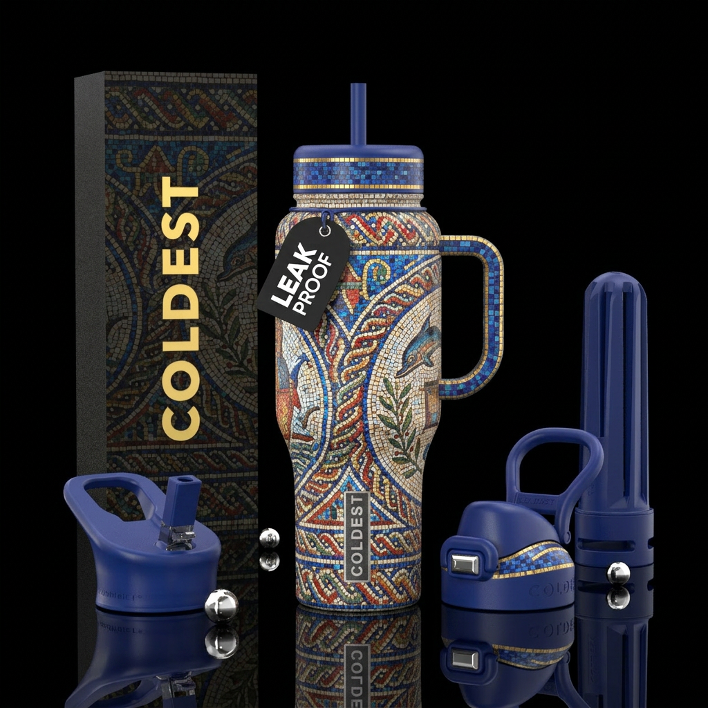 Tumbler is an ancient Greek mosaic water bottle design