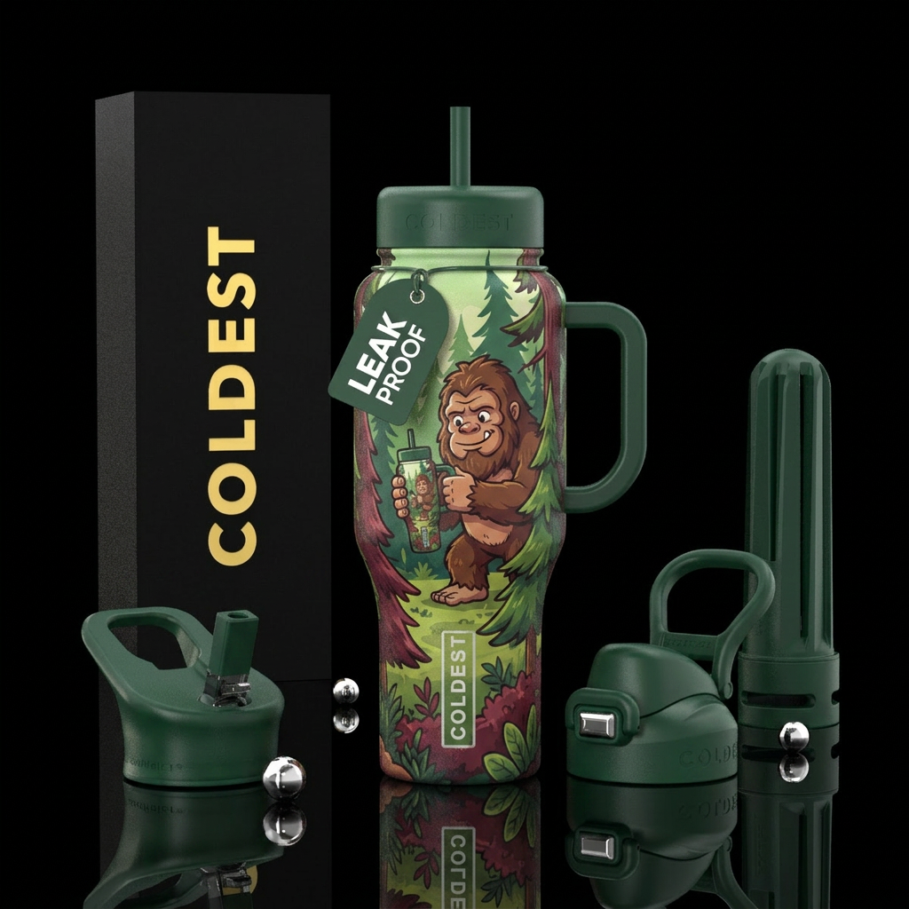 Tumbler has a funny cartoon bigfoot in a forest ho... water bottle design