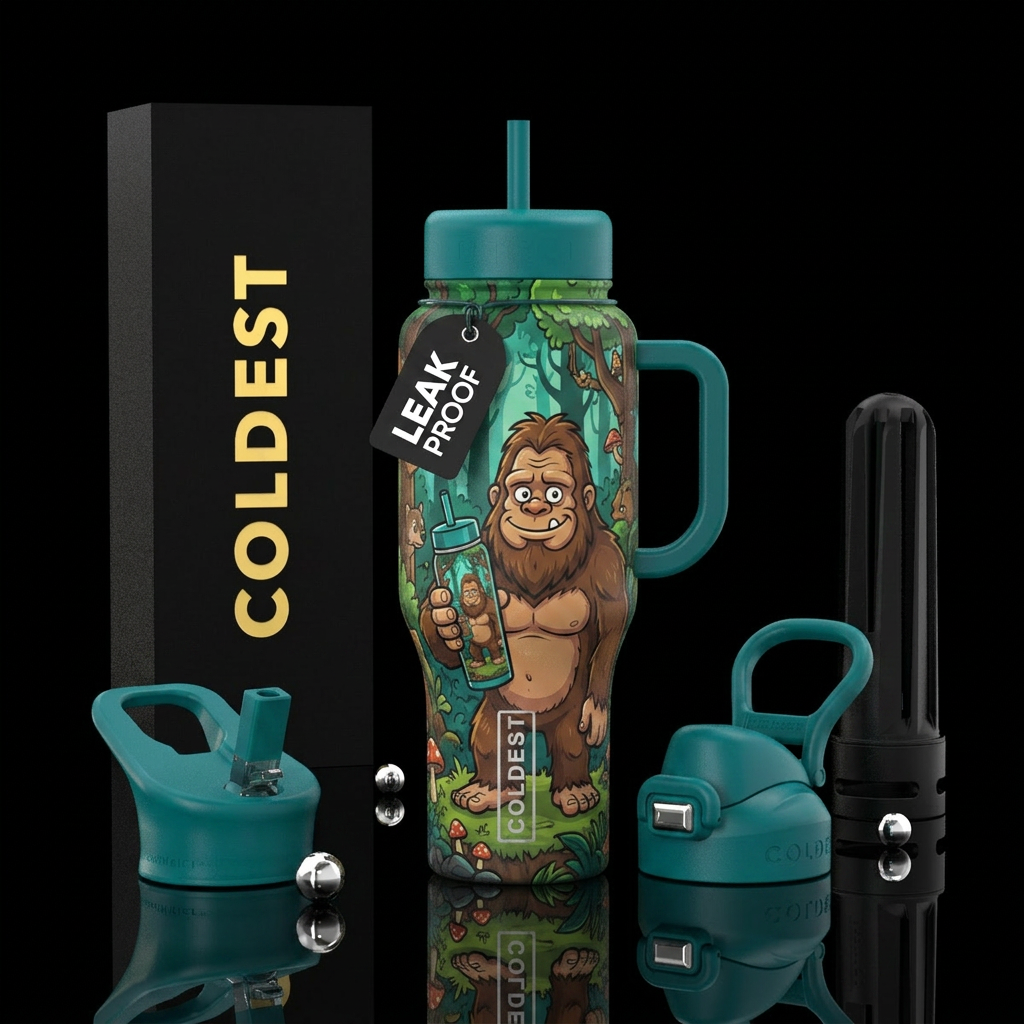 Tumbler has a funny cartoon bigfoot in a forest ho... water bottle design