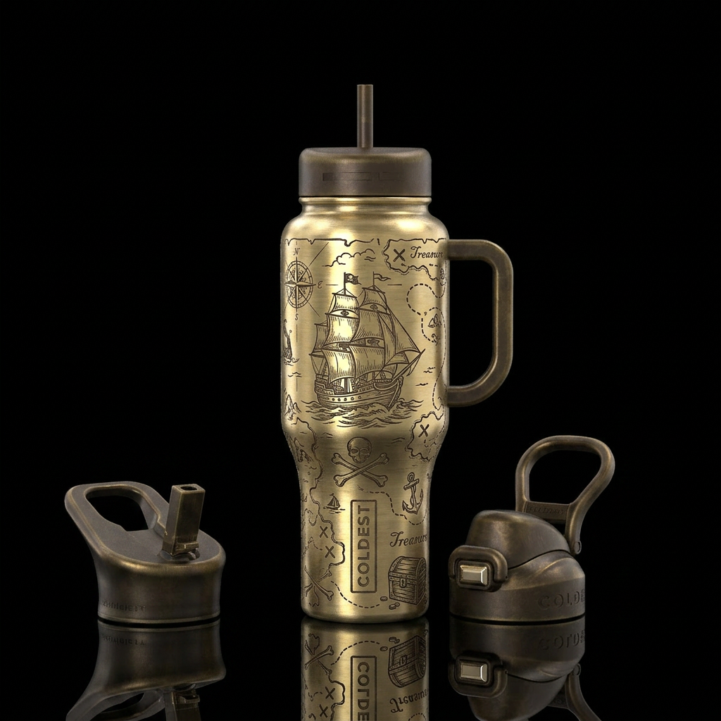 Tumbler is brass with pirate ship, map, and treasu... water bottle design