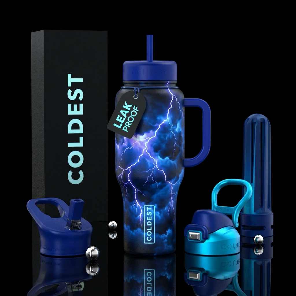 Glowy lightning storm at night with dark glowy clo... water bottle design