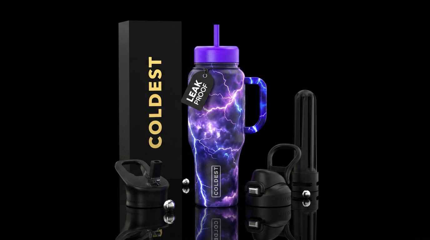 Glowy lightning storm at night with dark glowy clo... water bottle design