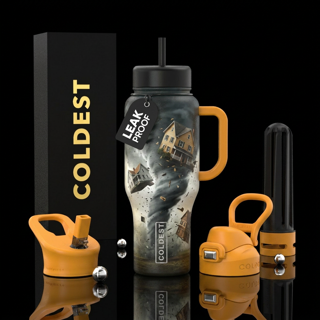 Flying out houses in tornado water bottle design
